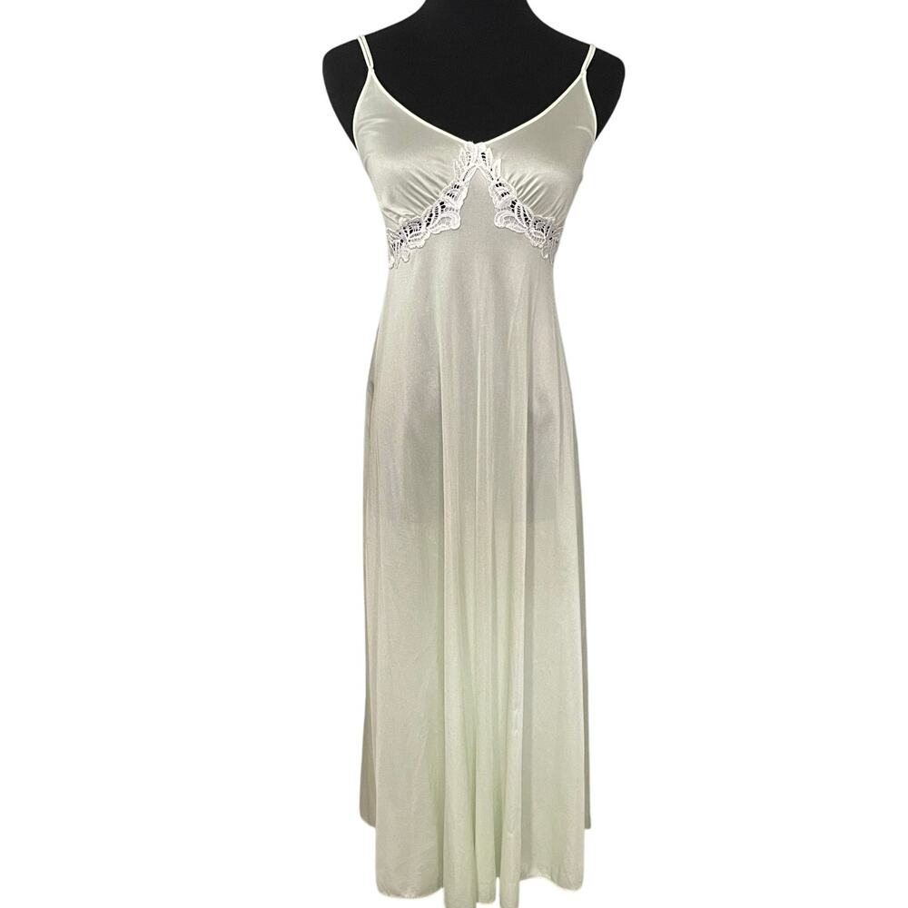 Vintage 80s Nylon Satin Slip Dress Peignoir Set Mint Green Lace Bed Jacket Sz S